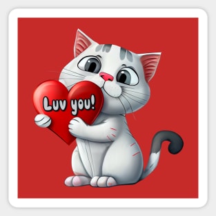 Cat with Luv you! Heart - funny illustration for cat lovers Sticker